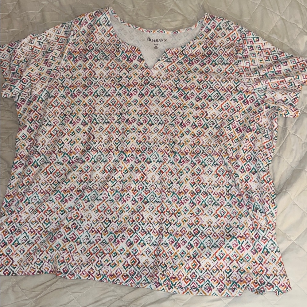 Roaman's Colorful Patterned Short Sleeve Top